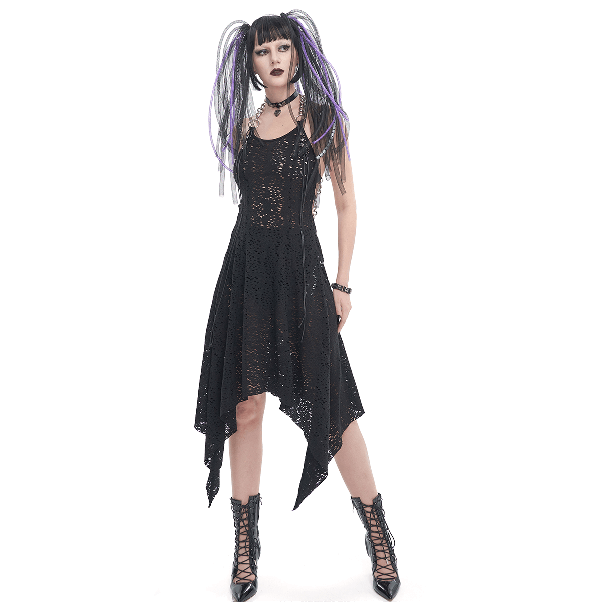 Gothic irregular ripped chain dress for women, showcasing edgy black style with bared back design and unique asymmetric cut.