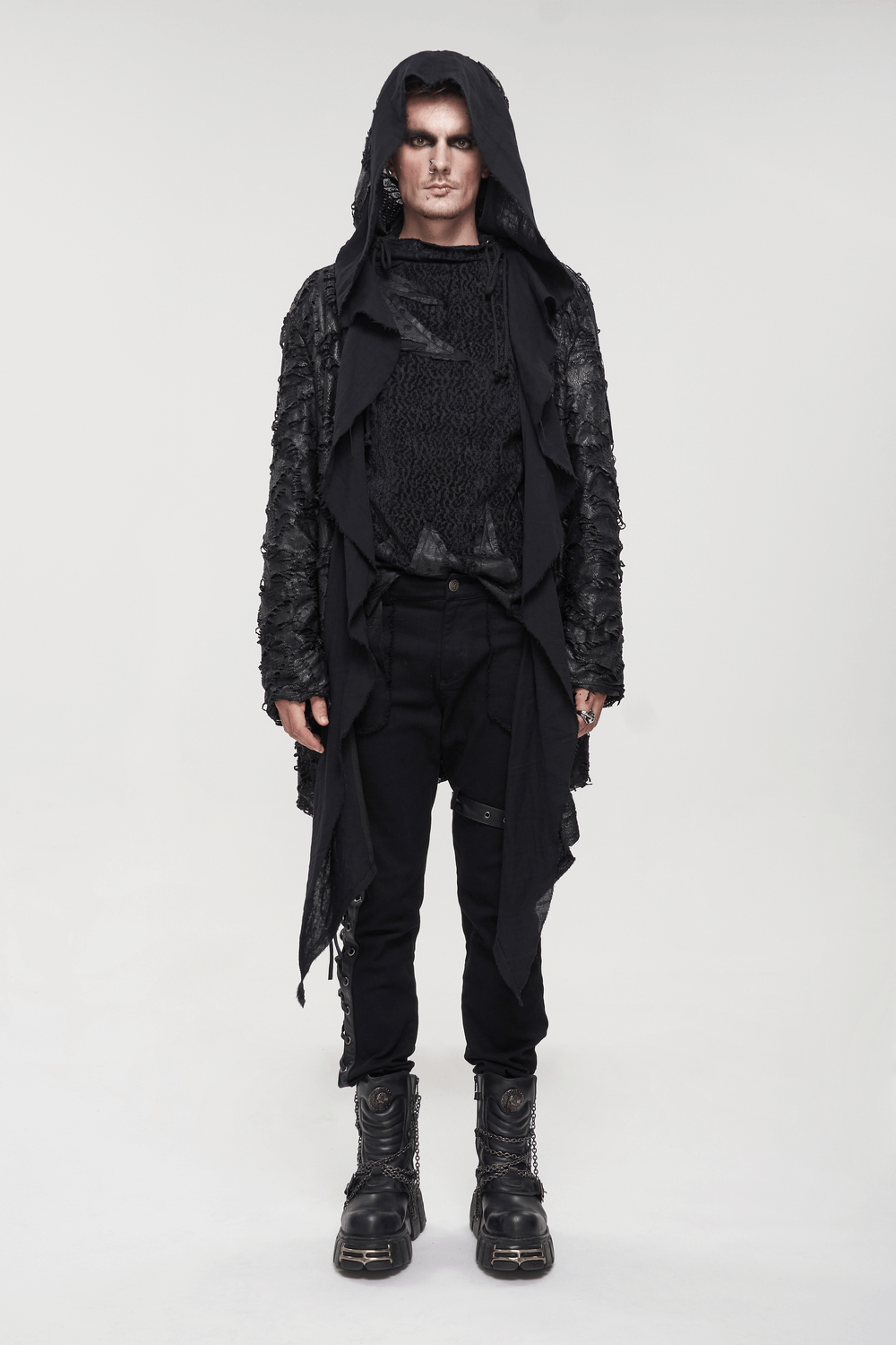 Gothic irregular ripped coat with hood worn by male model, showcasing grunge style and distressed textures.