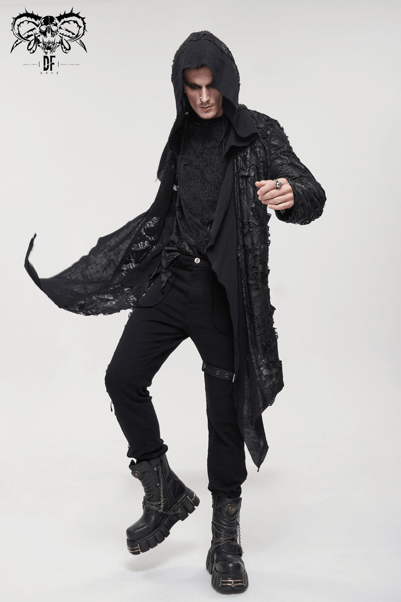 Gothic irregular ripped coat with hood, grunge style outfit, showcasing a stylish model in edgy black attire.