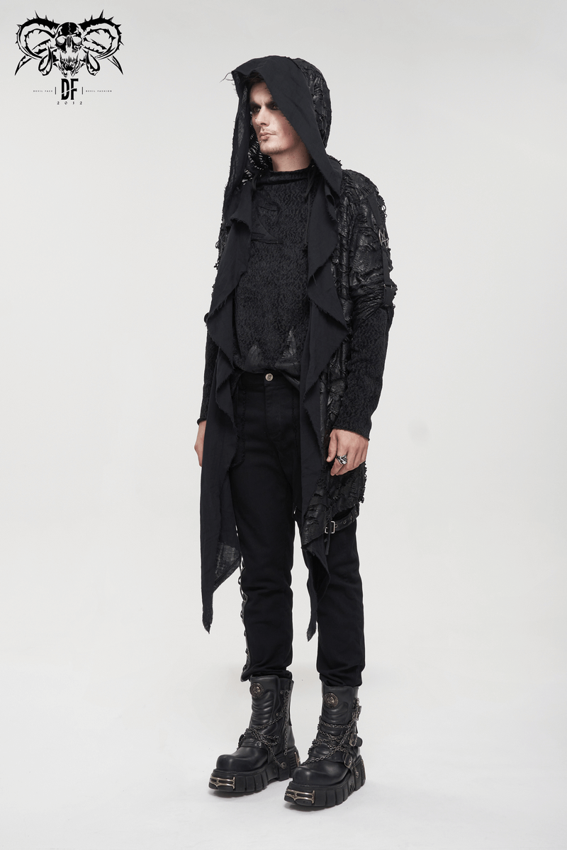 Gothic irregular ripped coat with hood, perfect for grunge style outfits and a unique fashion statement.