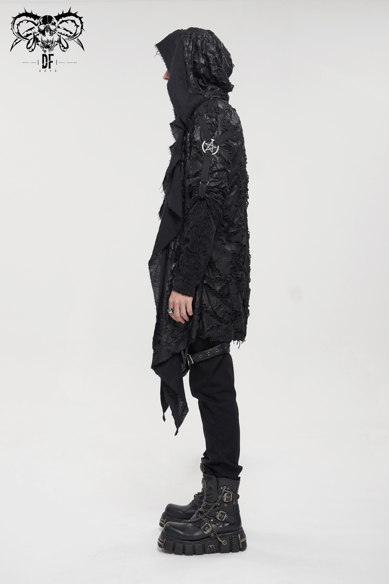 Gothic irregular ripped coat with hood in black, showcasing a unique grunge style and edgy distressed design.