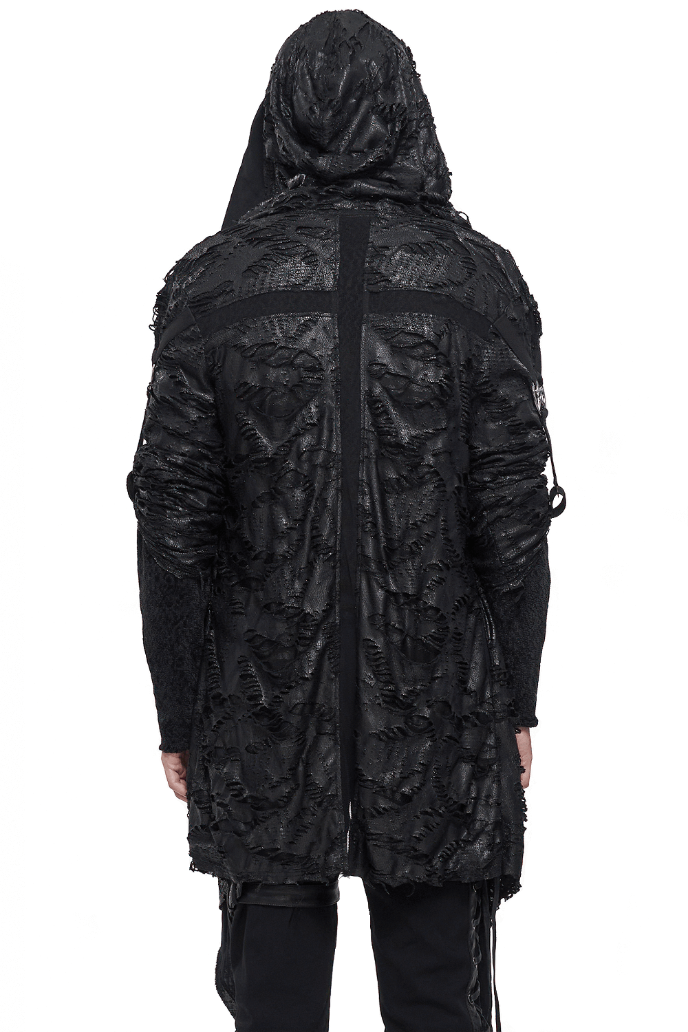 Back view of a gothic irregular ripped coat with hood in grunge style, featuring a distressed design and loose fit.