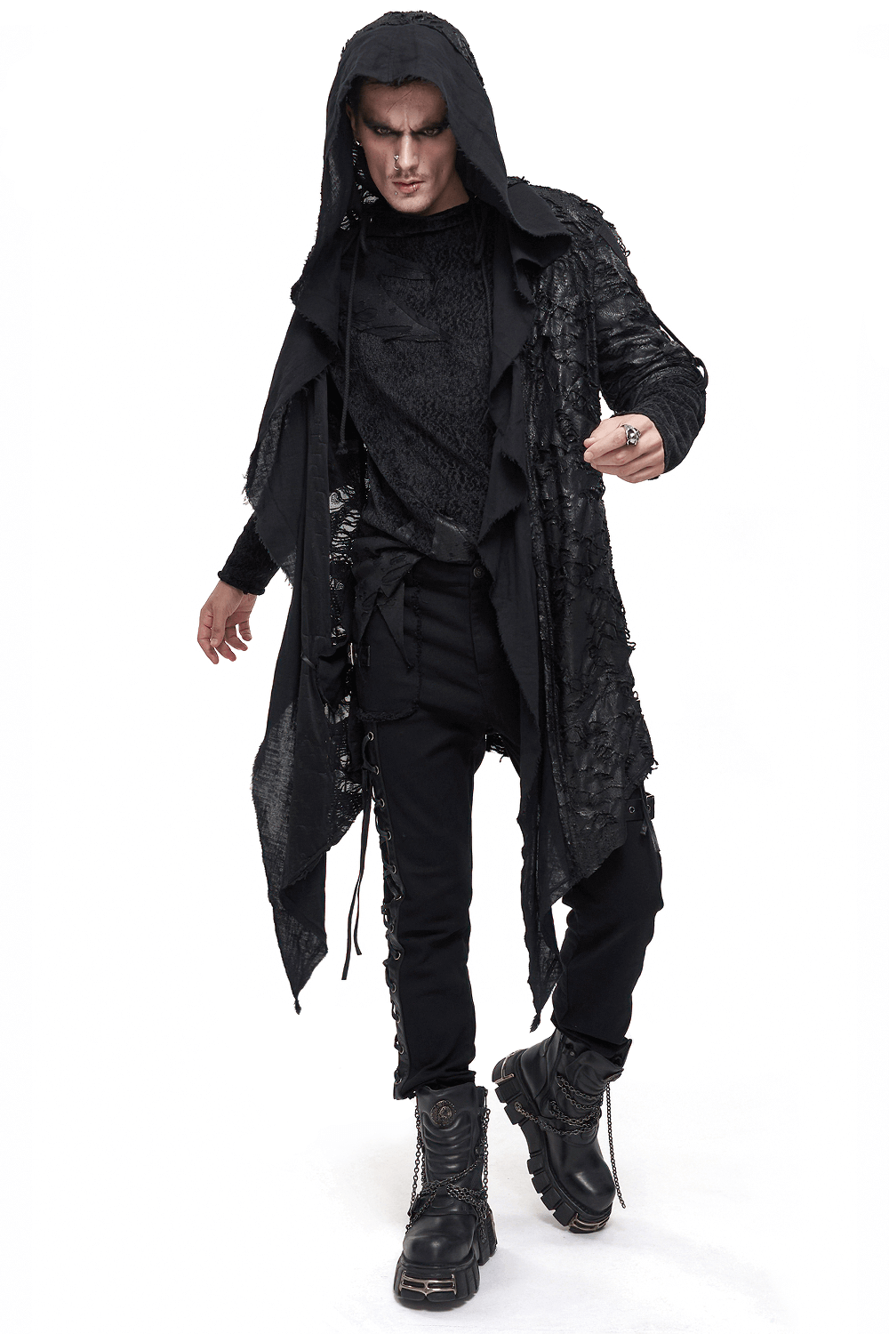 Gothic irregular ripped coat with hood, grunge style cardigan, perfect for creating edgy outfits.