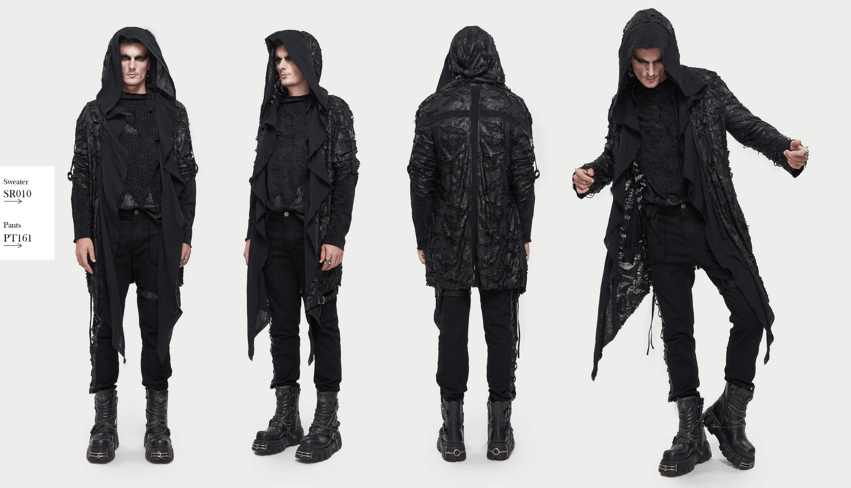 Gothic irregular ripped coat with hood styled for a grunge look, featuring a unique cut and distressed design.