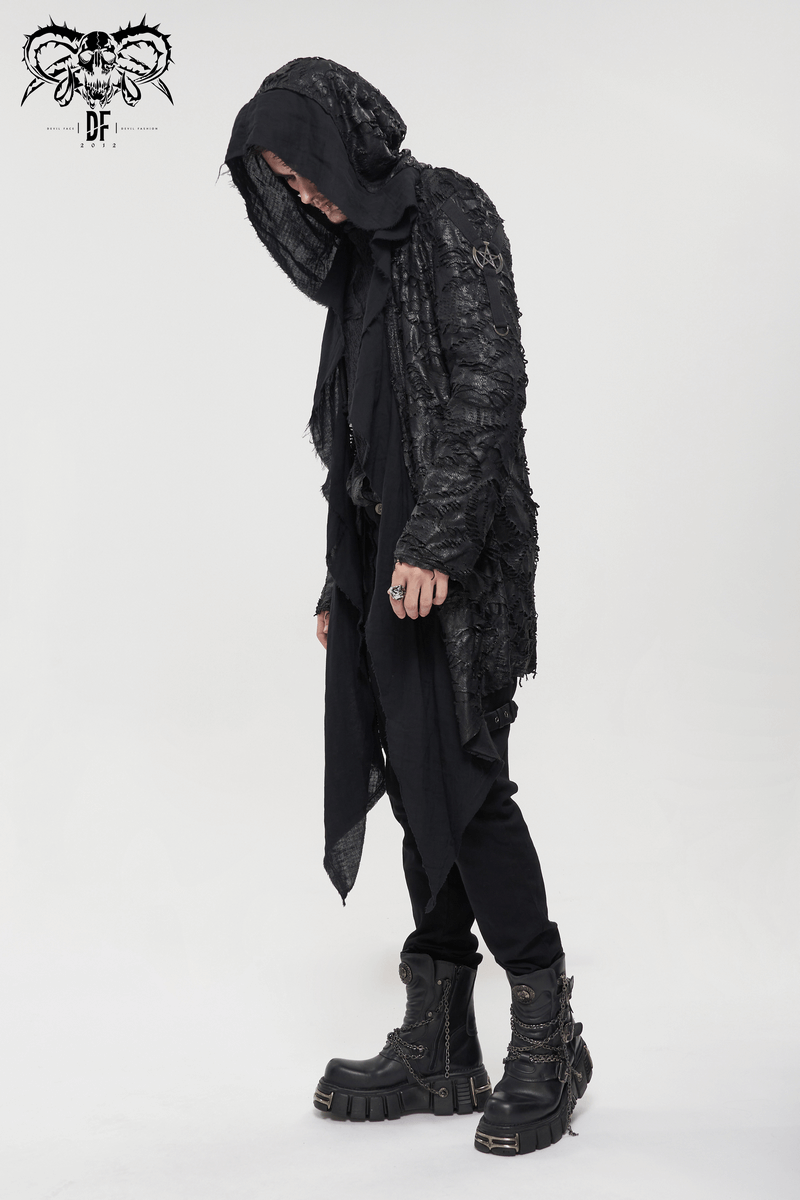 Gothic irregular ripped coat with hood, grunge style, worn by model showcasing edgy fashion look.