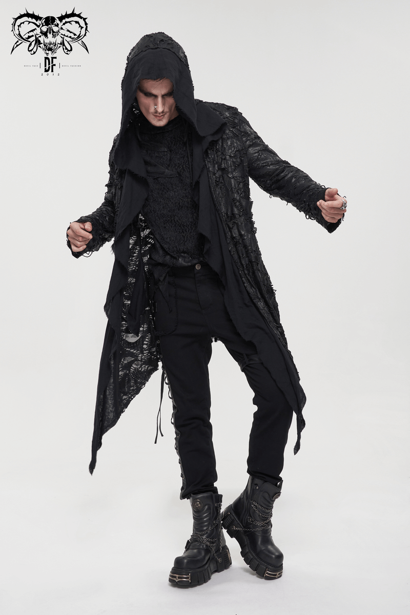 Gothic irregular ripped coat with hood, grunge style, perfect for edgy outfits and alternative fashion.