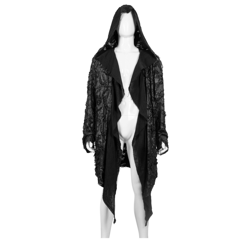 Gothic irregular ripped coat with hood, perfect for grunge style outfits, featuring a unique distressed design.