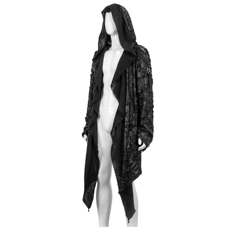 Gothic irregular ripped coat with hood, perfect for grunge style outfits, featuring a loose cardigan design.
