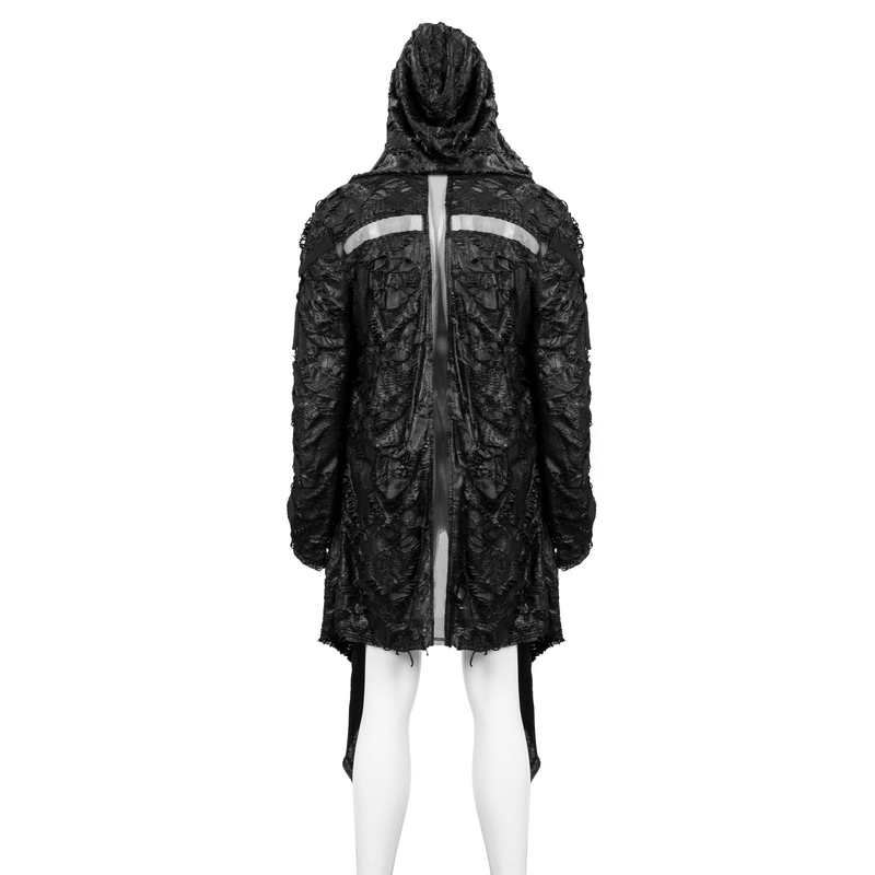 Gothic irregular ripped coat with hood, featuring a grunge style and distressed design, perfect for creating edgy outfits.