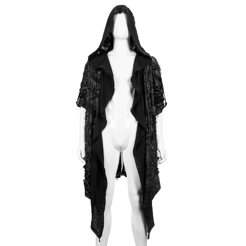 Gothic irregular ripped coat with hood, perfect for creating edgy grunge outfits. Stylish and unique design for bold fashion lovers.