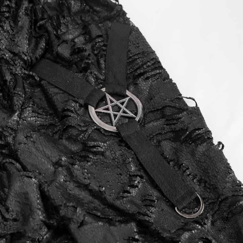 Close-up of a Gothic coat detail featuring a pentagram and ripped fabric, perfect for grunge style enthusiasts.