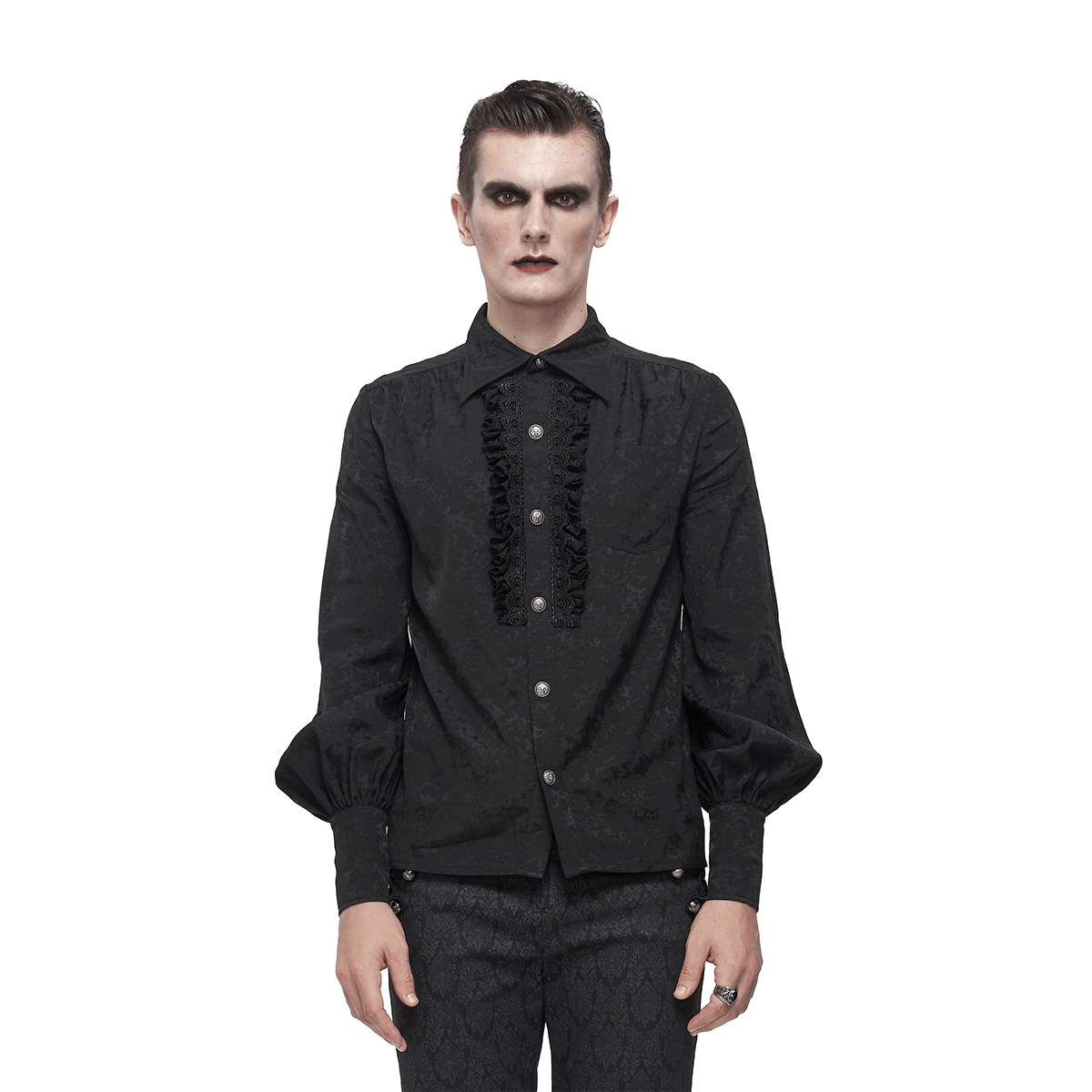 Gothic Jacquard Black Shirt with Lace Ruffles / Male Long Lantern Sleeves Shirt - HARD'N'HEAVY