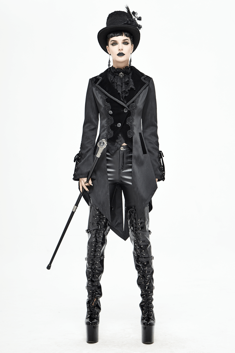 Gothic Jacquard Swallow-tailed Coat / Gorgeous Black V-neck Buttons Coat - HARD'N'HEAVY