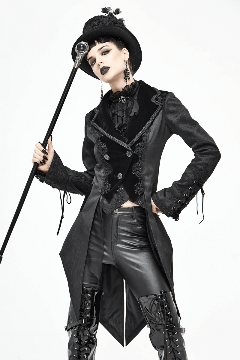 Gothic Jacquard Swallow-tailed Coat / Gorgeous Black V-neck Buttons Coat - HARD'N'HEAVY