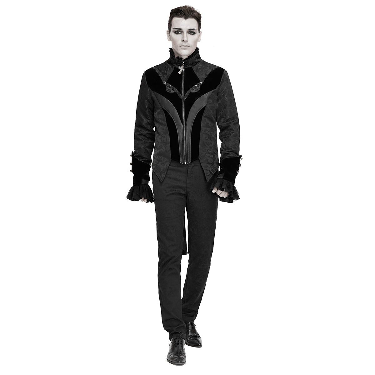 Gothic Jacquard Velvet Swallow Tailcoat / Men's Stand Collar Cross Zip Coat - HARD'N'HEAVY