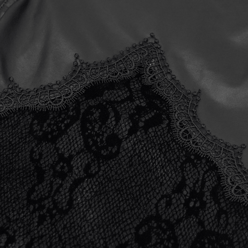Close-up of gothic lace applique on black PU leather fabric, perfect for punk-style women's leggings.