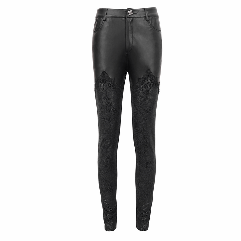 Gothic lace applique faux leather leggings for women in black, featuring a stylish punk design and slim fit.