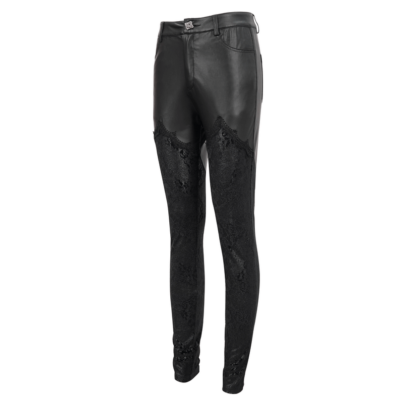 Gothic Lace Applique Faux Leather Leggings / Black Punk Slim Pants For Women