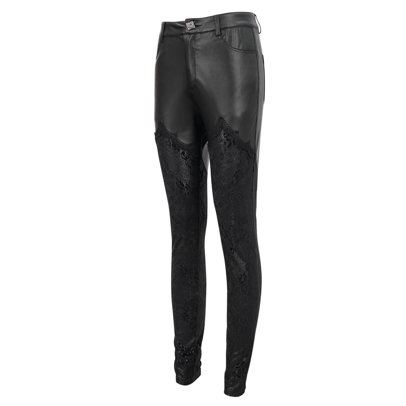 Gothic lace applique faux leather leggings for women in black, perfect punk style, adding edgy flair to any outfit.