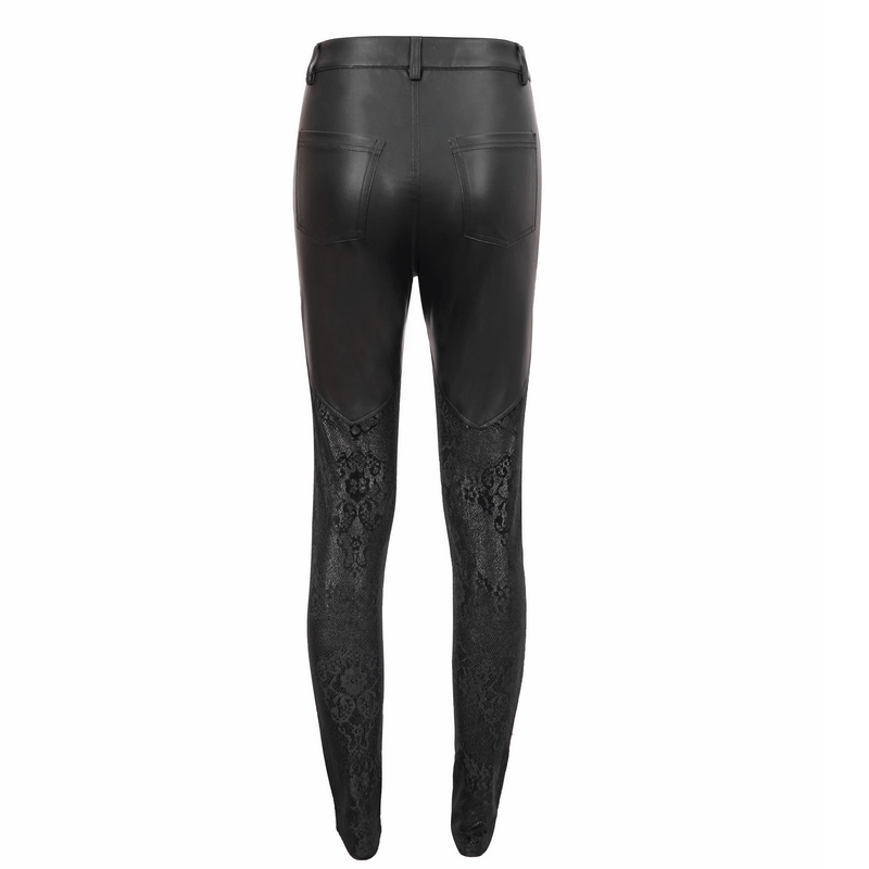 Back view of Gothic lace applique faux leather leggings for women, featuring intricate black lace details and a sleek design.