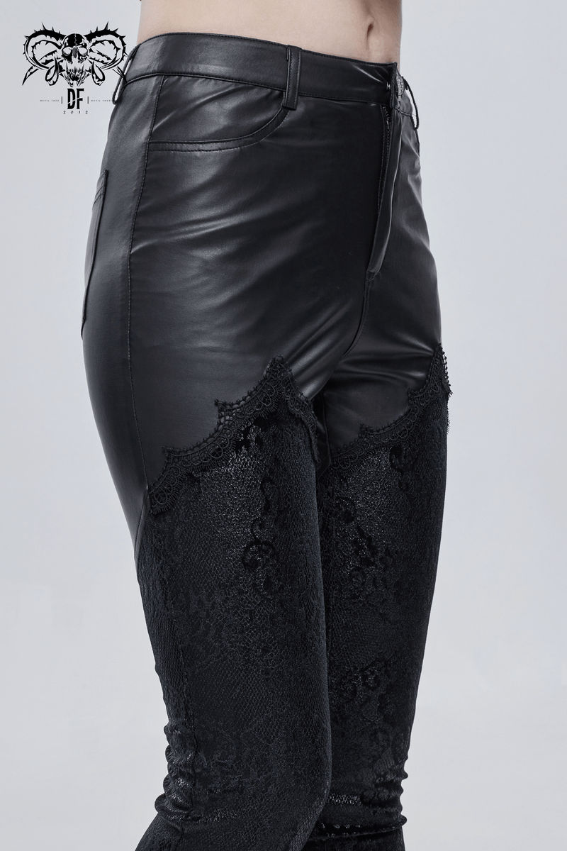 Close-up of women's black PU leather leggings with gothic lace applique design, perfect for punk style outfits.