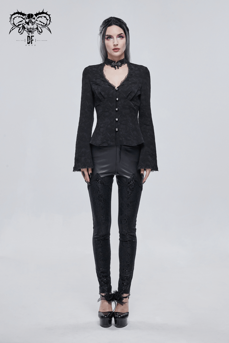 Gothic Lace Applique Faux Leather Leggings / Black Punk Slim Pants For Women