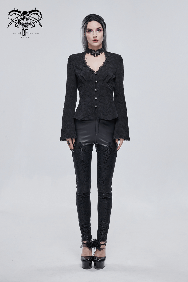 Model wearing Gothic lace applique faux leather leggings and a stylish black top, showcasing punk fashion in black.