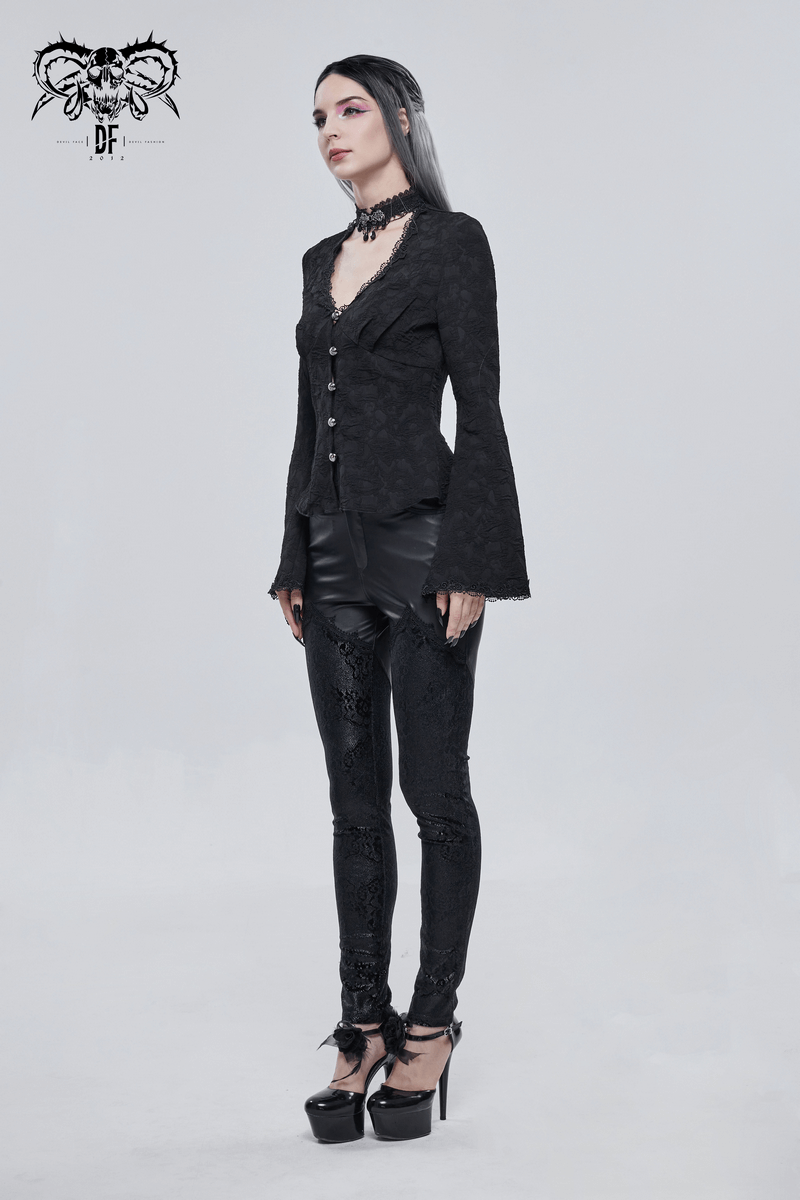 Stylish woman in Gothic lace blouse and black PU leather leggings, showcasing punk fashion with flair.