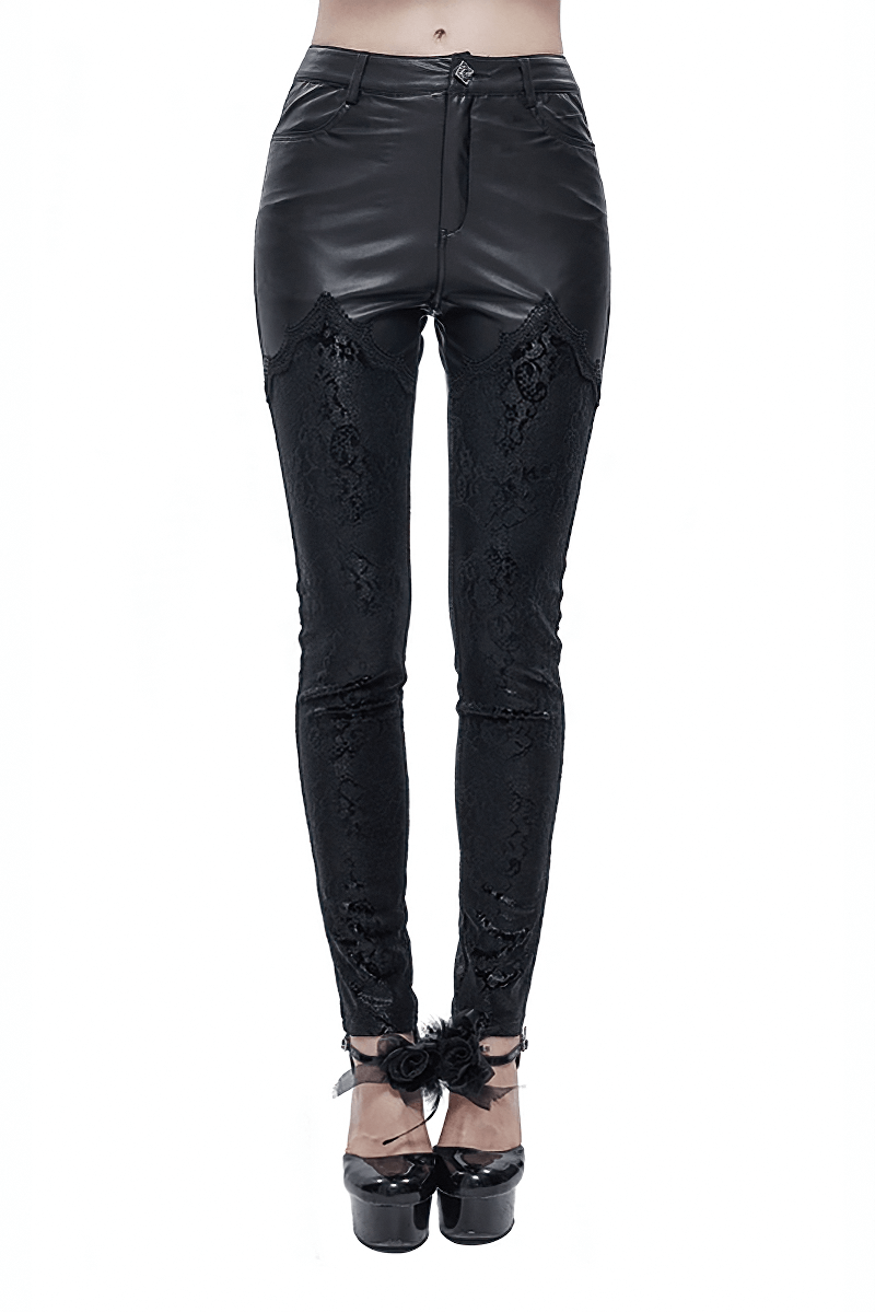 Gothic lace applique black faux leather leggings for women in a punk style. Slim fit perfect for a fashionable wardrobe.
