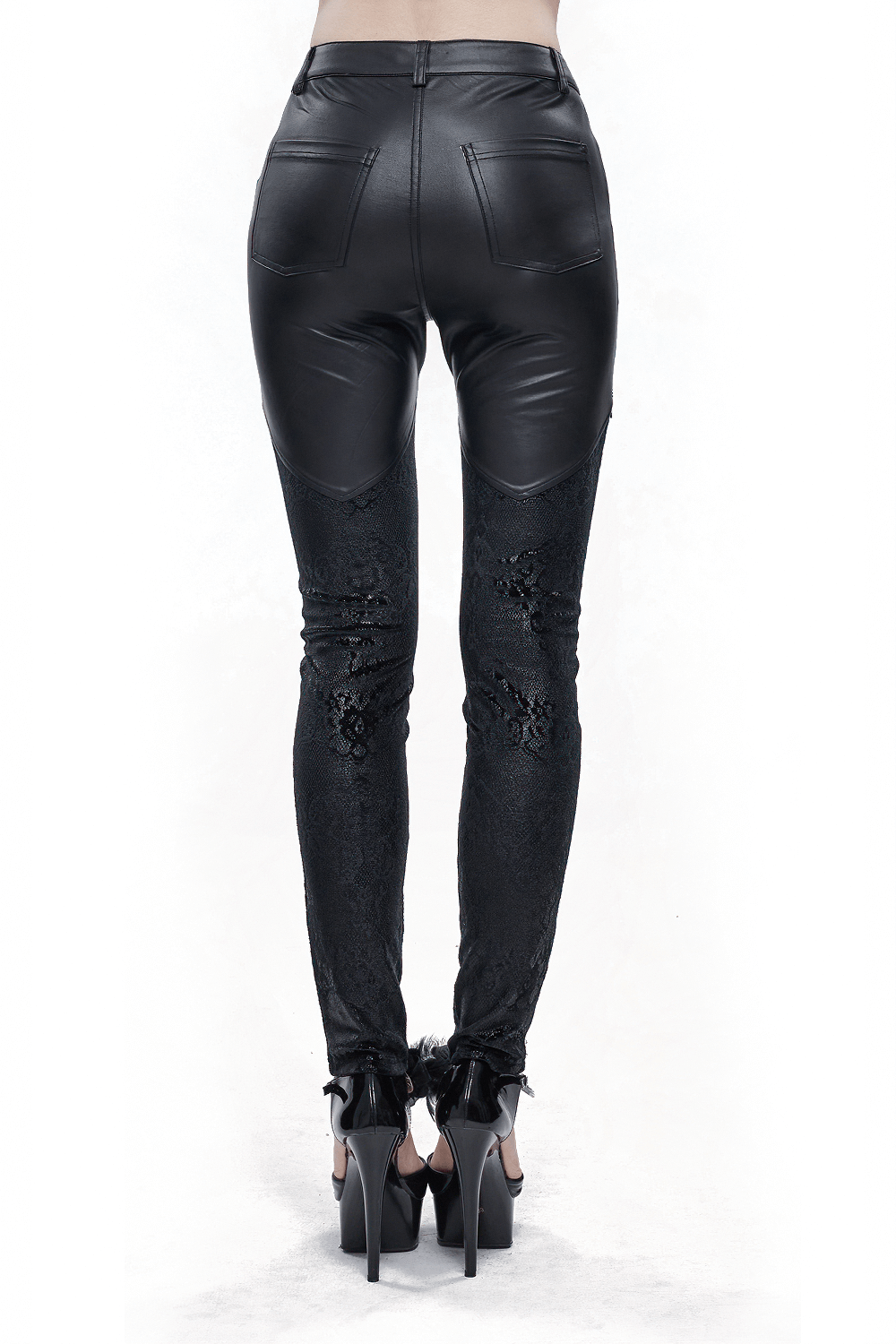 Back view of women's Gothic lace applique faux leather leggings in black, featuring a trendy punk style with unique detailing.