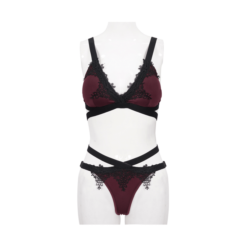 Gothic Lace Appliqued Swimsuit Set / Elegant Burgundy Bikini With Elastic Straps - HARD'N'HEAVY