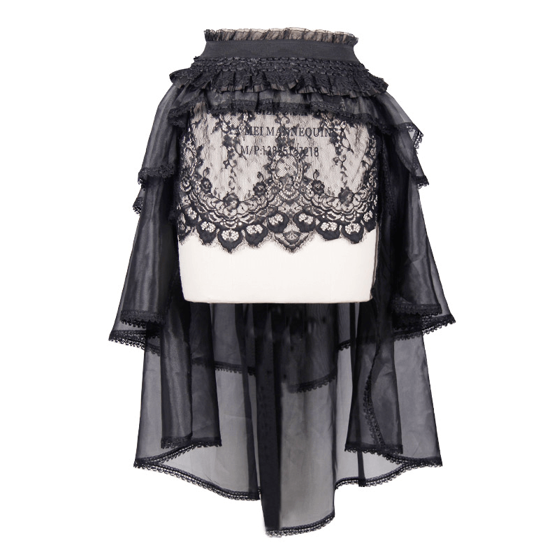 Gothic Lace Asymmetrical Skirt with Elastic Waist / Women's Elagent Black Skirt - HARD'N'HEAVY