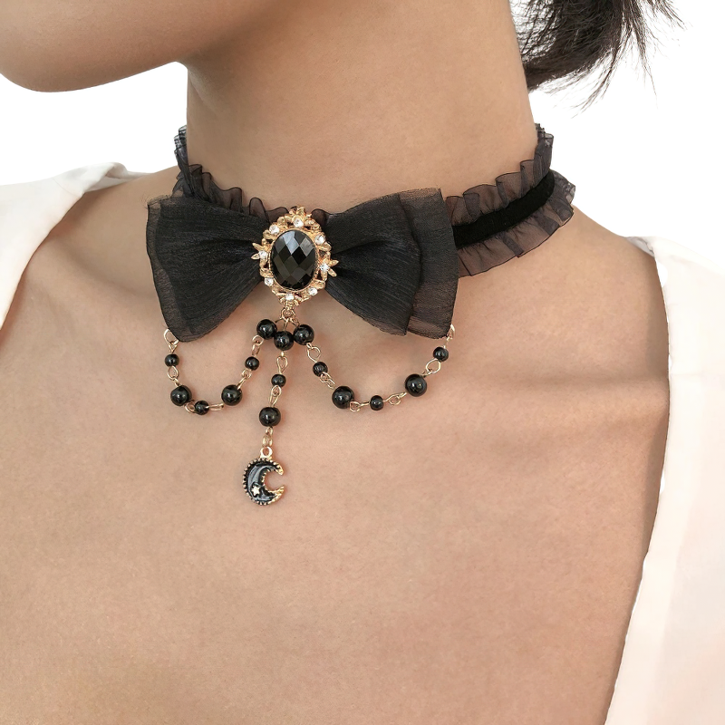 Gothic Lace Choker with Moon / Female Pearl Beads Necklace / Fashion Women's Accessories - HARD'N'HEAVY