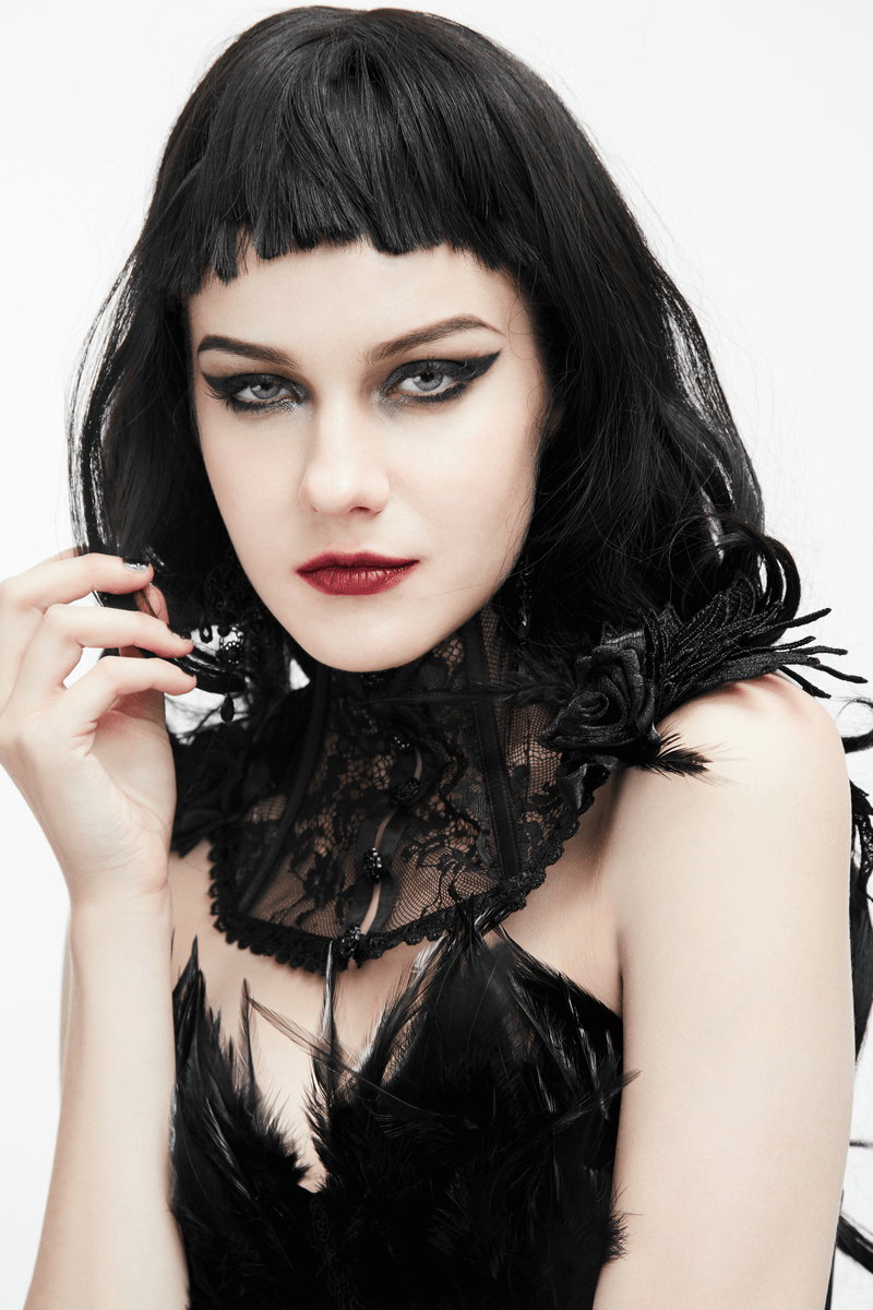 Gothic lace flower collar on model, featuring intricate designs and a high collar for a striking gothic look.