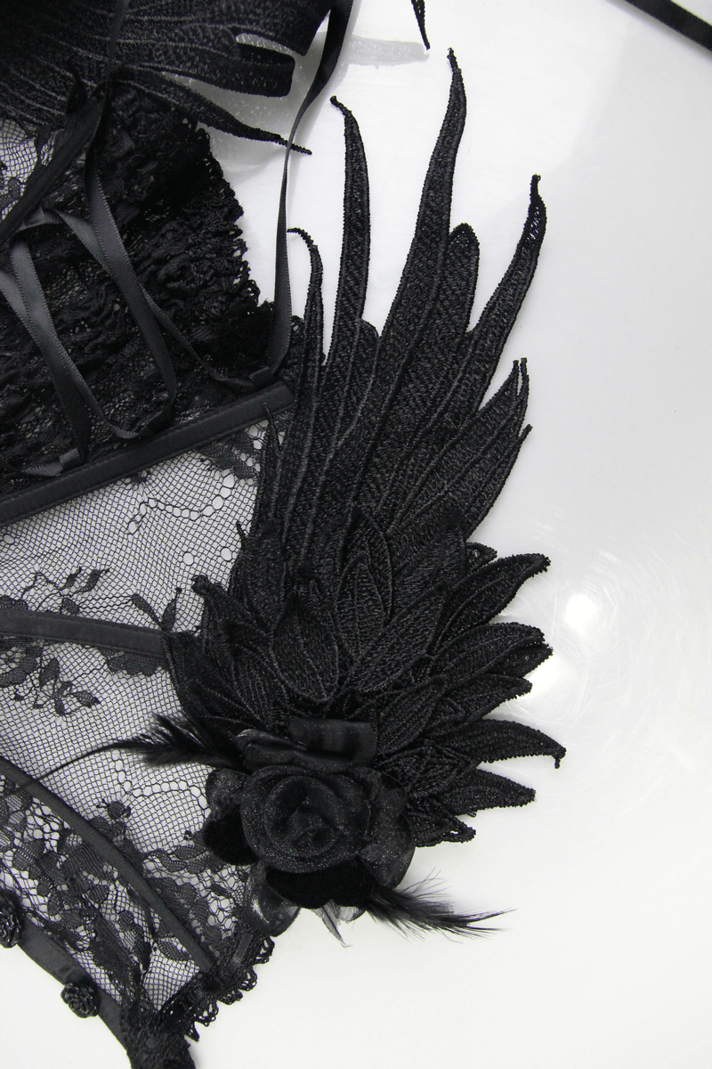 Elegant black lace high collar with feathered decorative applications and a floral accent, perfect for gothic fashion.