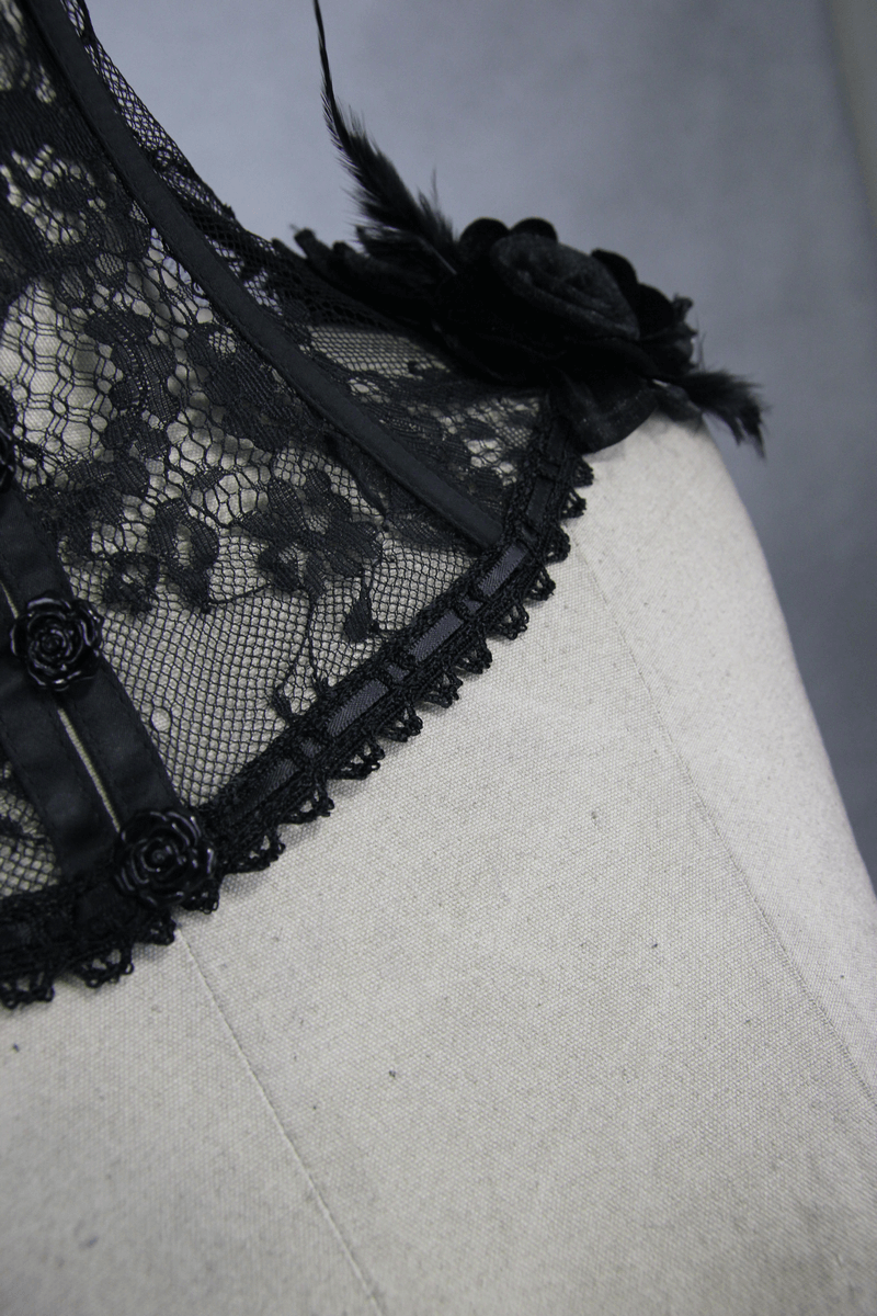 Gothic lace flower collar with decorative applications on a mannequin, showcasing intricate black lace details.