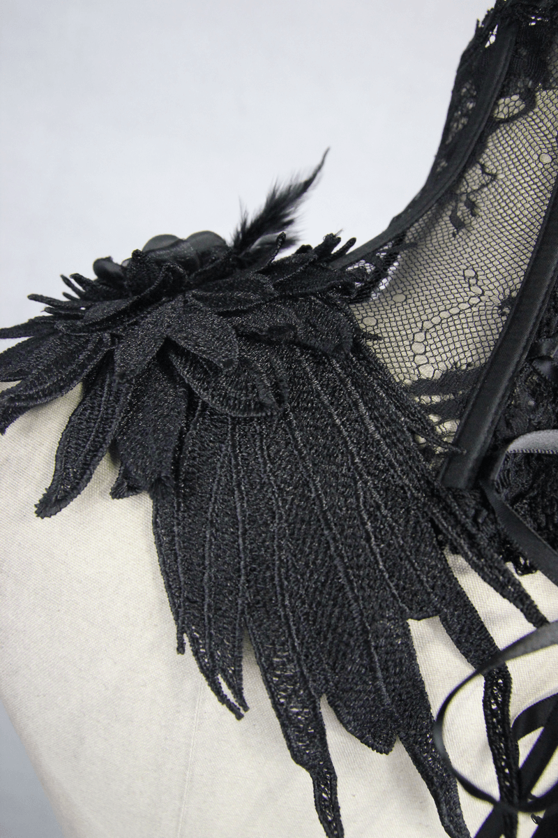 Close-up of a gothic lace high collar with decorative flower and feather details for women.