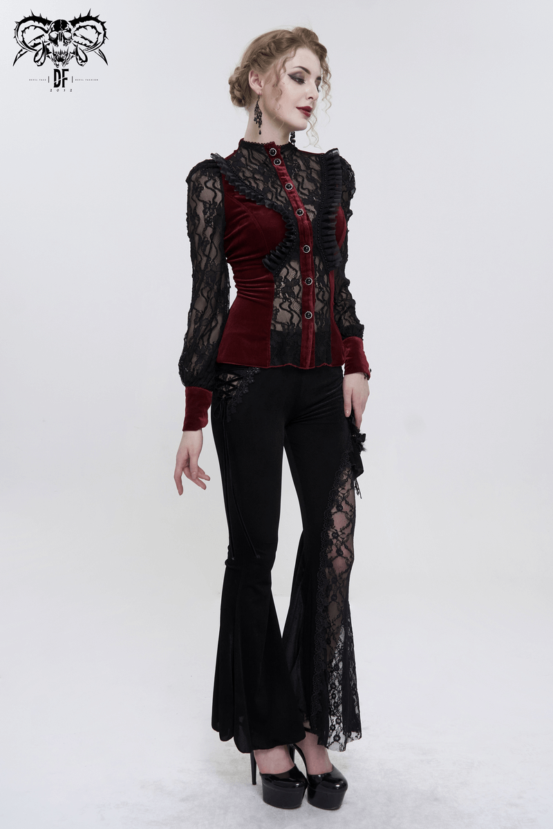 Elegant gothic women’s wine red velvet blouse with lace sleeves and stand collar, paired with stylish black flared pants.