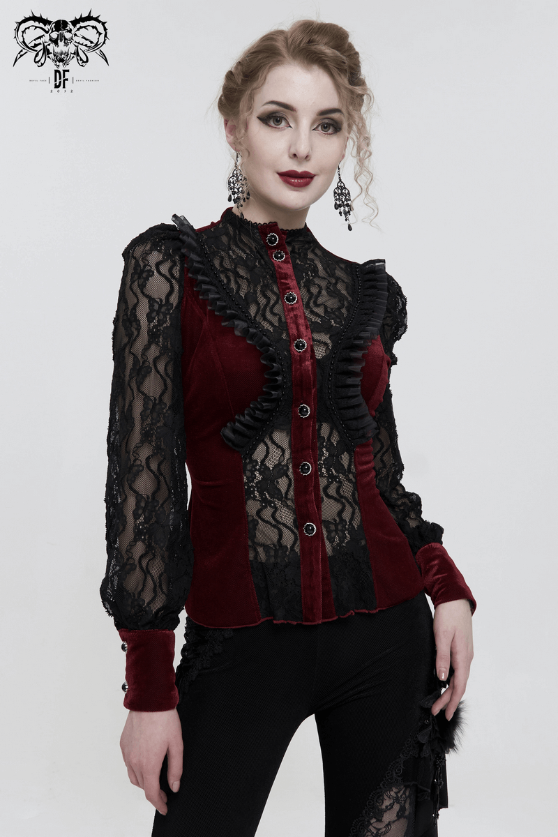 Elegant wine red velvet blouse with lace sleeves and stand collar, perfect for gothic style.