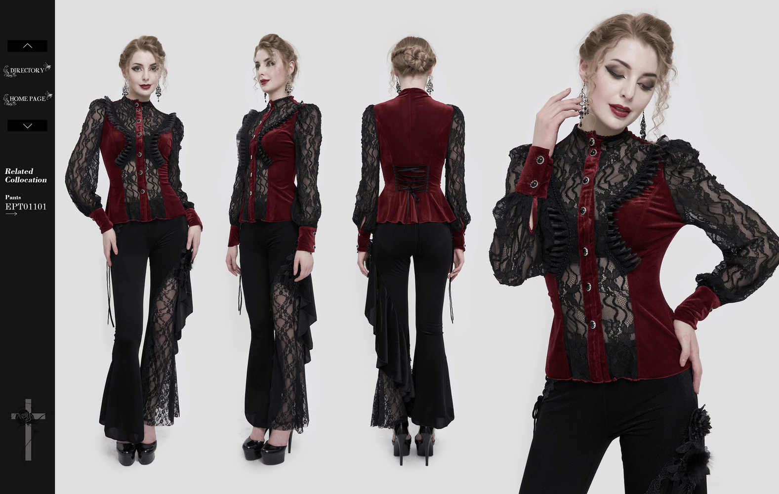 Elegant wine red velvet blouse with lace and stand collar, styled for gothic fashion enthusiasts.