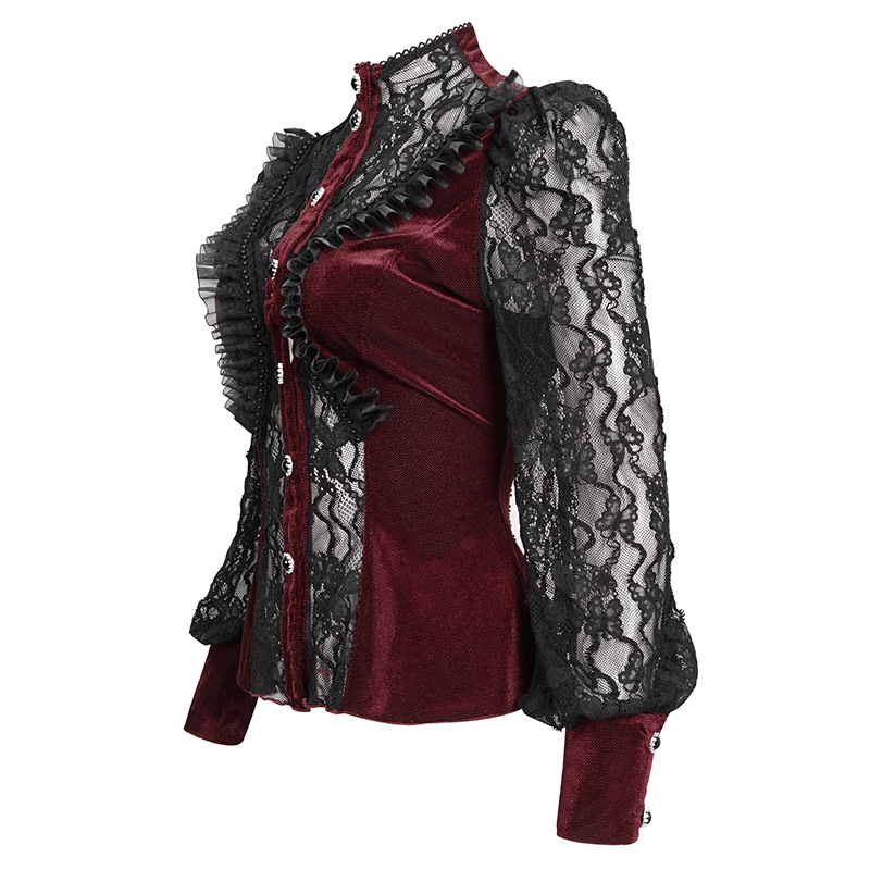 Elegant gothic wine red velvet blouse with lace puff sleeves and stand collar for women.