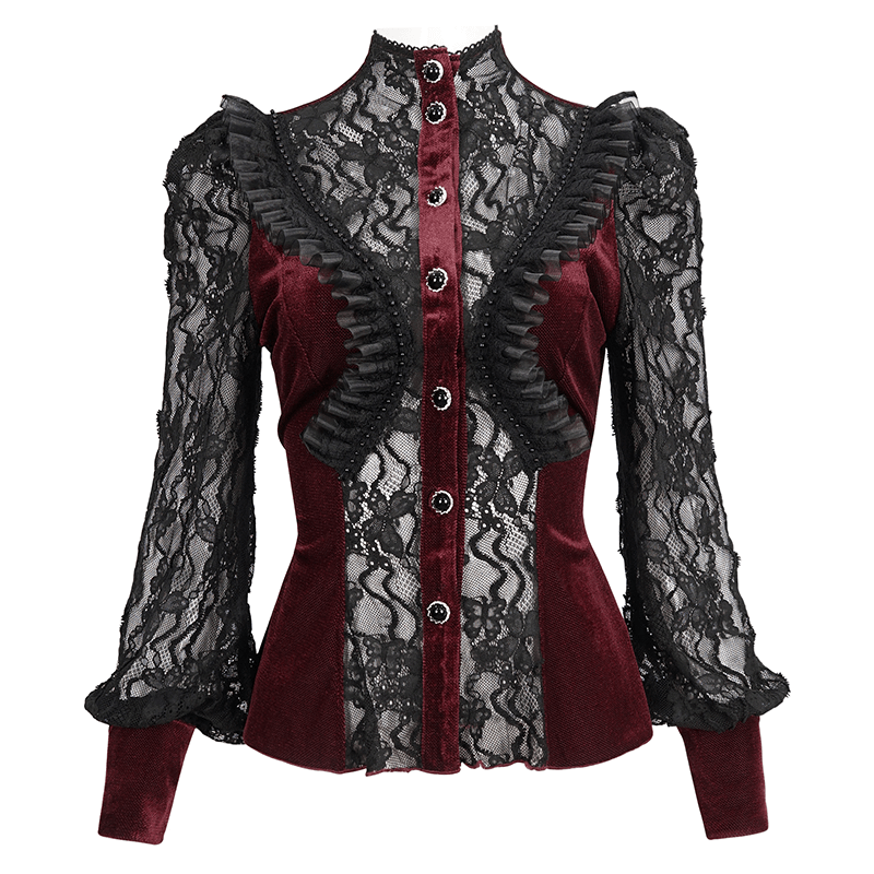 Gothic wine red velvet blouse with lace long puff sleeves and stand collar for women, elegant gothic style fashion.