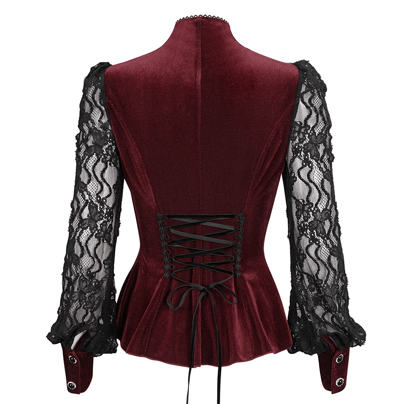 Gothic Lace Long Puff Sleeves Shirt / Elegant Wine Red Velvet Blouse with Stand Collar for Women