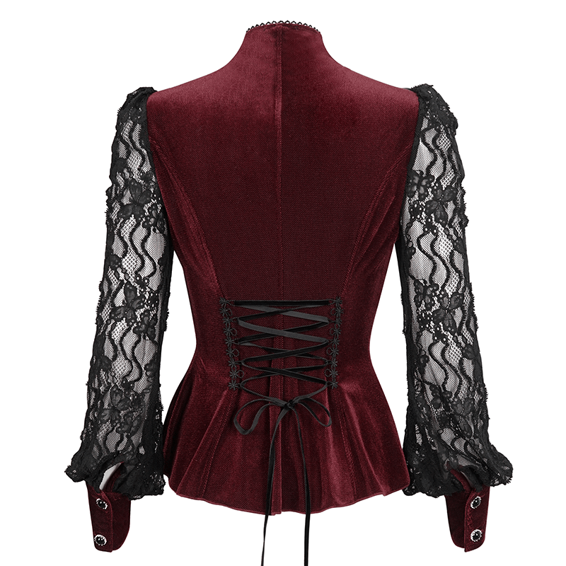 Elegant wine red velvet blouse with gothic lace long sleeves and stand collar, perfect for stylish women.