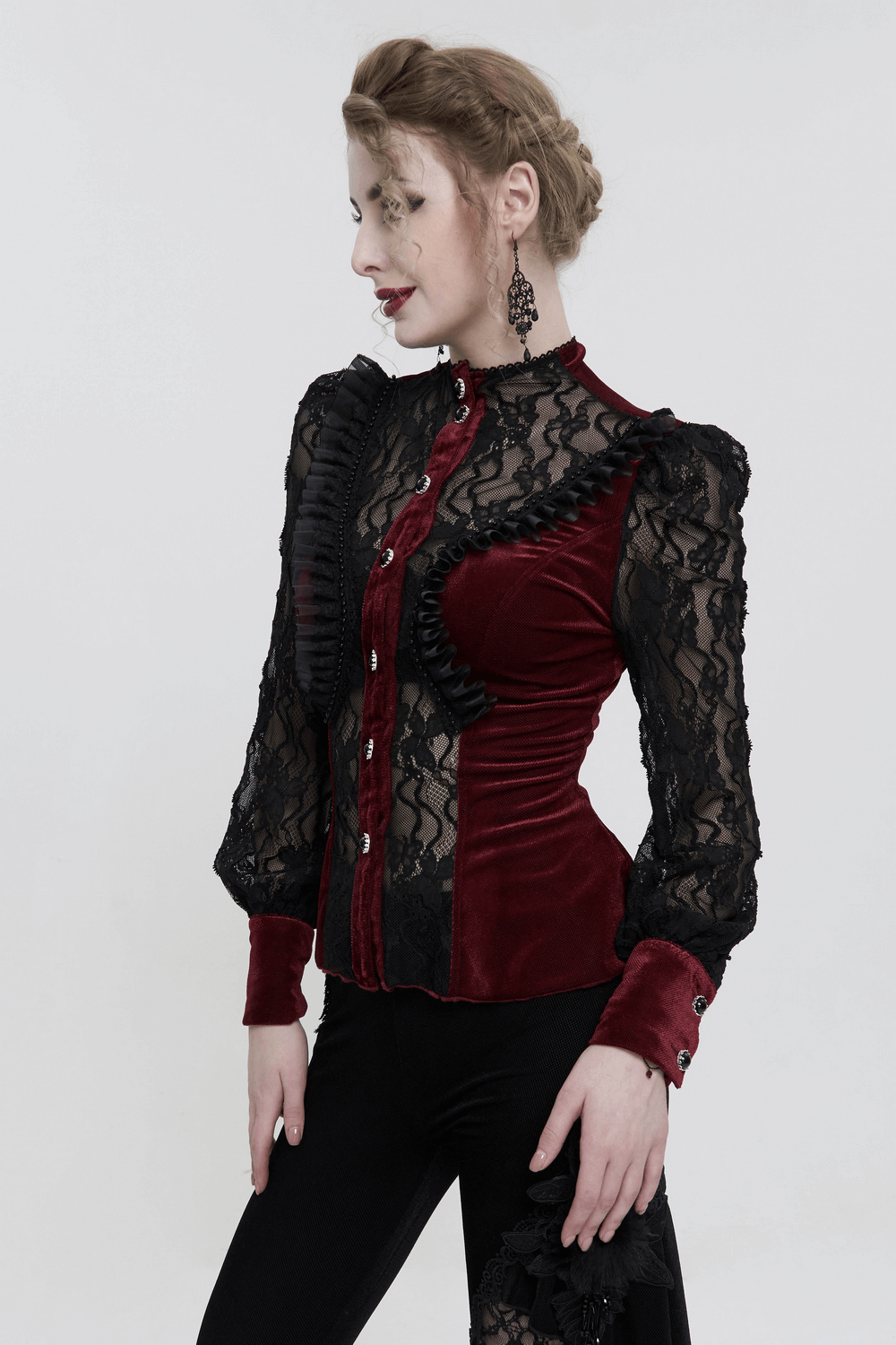 Elegant women’s wine red velvet blouse with stand collar and lace puff sleeves, perfect for gothic fashion.