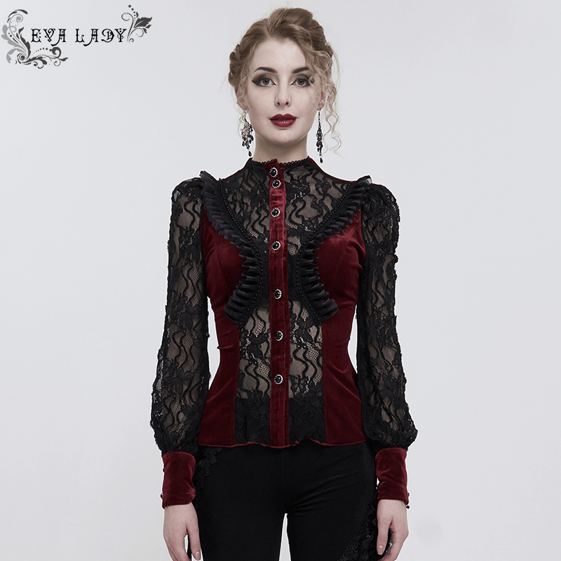Gothic Lace Long Puff Sleeves Shirt / Elegant Wine Red Velvet Blouse with Stand Collar for Women