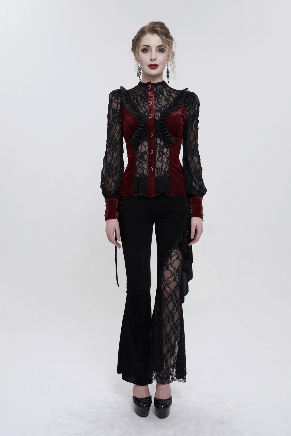 Elegant gothic wine red velvet blouse with lace details and stand collar, paired with stylish black lace pants for women.