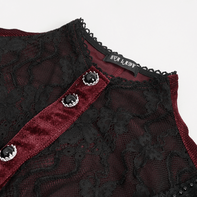 Elegant wine red gothic blouse with lace, stand collar, and decorative buttons for women.