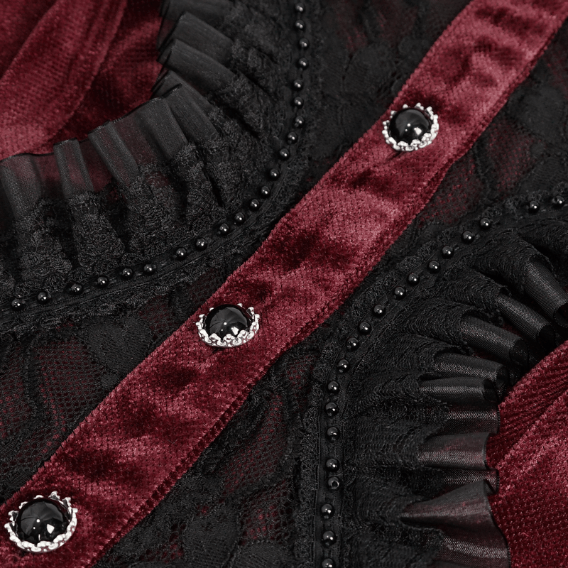 Close-up of elegant wine red velvet blouse with lace details and decorative buttons for a gothic style look.