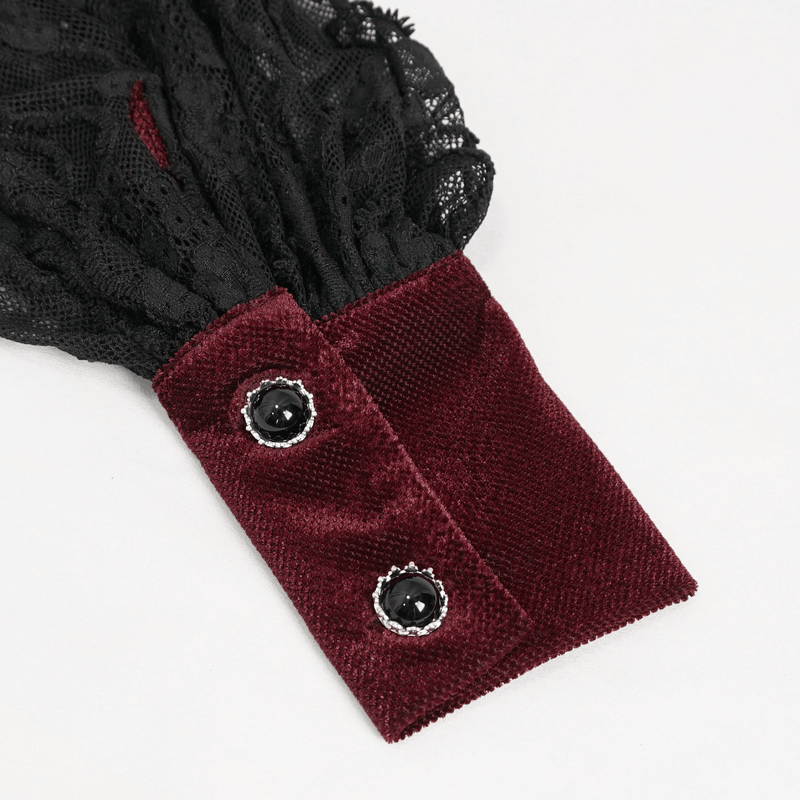 Close-up of gothic lace puff sleeve detail with wine red velvet cuff and decorative buttons for women's blouse.